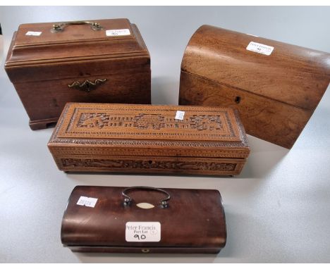 Collection of three 19th century boxes, one a tea caddy, with brass swan neck handle, a domed top casket and a ornately carve