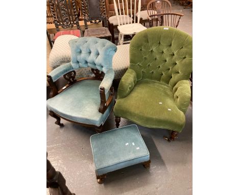 Edwardian mahogany button back upholstered tub bedroom chair together with another button back upholstered bedroom armchair a