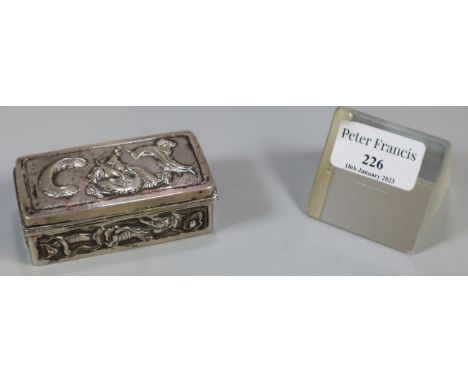 Chinese export silver snuff box having repoussé dragon decoration marked to the base 'H M 06'.  8x4x2cm approx.  2.7 troy ozs