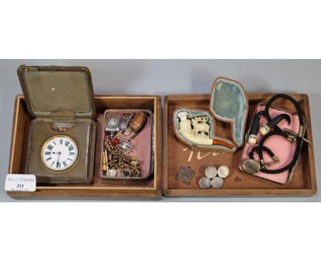 Box of assorted items, to include: travelling clock, case meerschaum pipe, assorted odd jewellery items, coins, fobs, militar