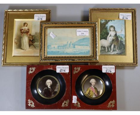 Pair of reproduction portrait miniatures, possibly of Bonnie Prince Charlie, and three other small prints.  (5)   (B.P. 21% +