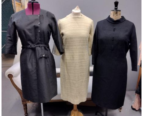 Three sleeved 60's woollen shift dresses: one in a check pale yellow tapestry type fabric, one fine grey knit with button det