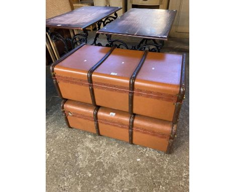 Pair of vintage canvas and wooden banded traveling trunks. (2) (B.P. 21% + VAT)Handles are intact. Catches - middle one work 