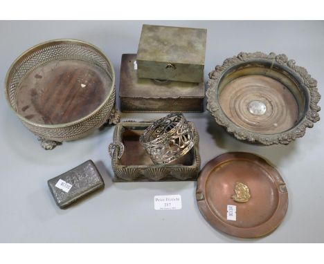 Box of silver and silver plate, to include: wine coasters, brass and copper ashtray Art Nouveau design white metal napkin rin