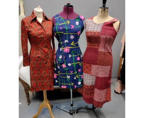 Nine vintage dresses (mostly 70's) to include: a Peggy Jo printed shirt dress, David Rysta fashions floral print shift dress,