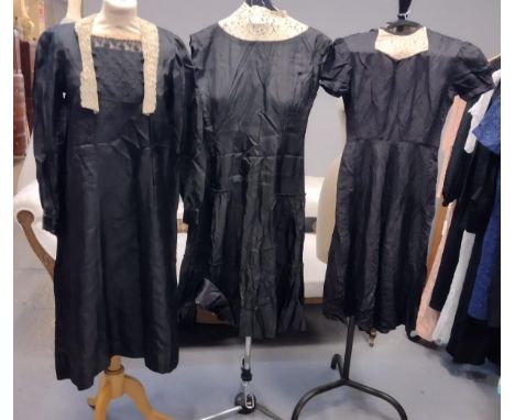 Three vintage 20's-40's black dresses with lace collars; one long sleeve, one with cap sleeves. (3)(B.P. 21% + VAT) 