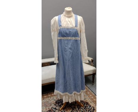 Vintage 70's Gunne Sax by Jessica, San Fransisco maxidress; cotton body with crochet detail and attached denim apron. (B.P. 2