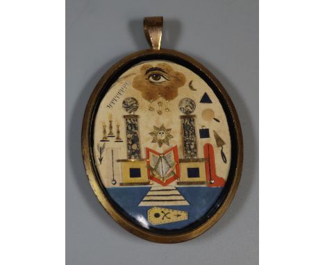 19th century Masonic memorial pendant locket decorated various Masonic symbols, including: All Seeing Eye, pillars, tools, ca