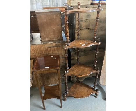 Victorian four tier corner wot-not together with an Edwardian mahogany inlaid square lamp table with under tier.  (2)  (B.P. 