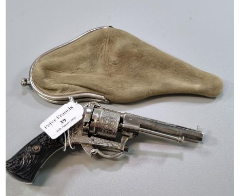 19th/early 20th century vintage pin-fire revolver with engraved decoration, folding trigger and moulded grips. Number 75222 i