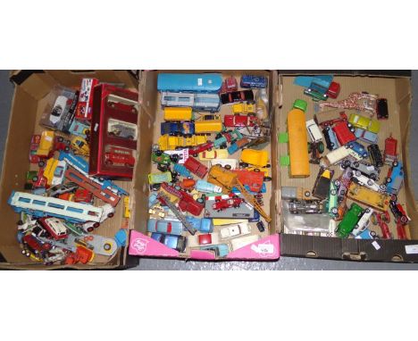 Three boxes of playworn vintage diecast model vehicles, to include: Corgi, Matchbox Models of Yesteryear, Formula 1 cars, tru