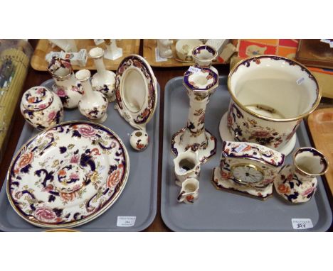 Two trays of Mason's Ironstone 'Blue Mandalay' and 'Mandalay' design items to include: planter, clock, vases, miniature dress