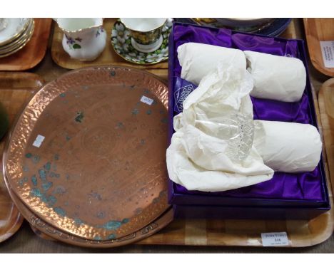 Tray of assorted items to include: two copper advertising chargers; one for Teacher's Highland Cream 'perfection of old Scotc