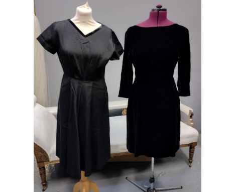 Three 1950's/60's vintage dresses; one in faille fabric with a V neck and velvet piping, one 3/4 length sleeve black velvet d