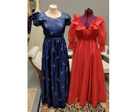 Three 1970's vintage maxidresses to include: a flocked tulle red and white polka dot ruffle neck flamenco style dress by Gunn