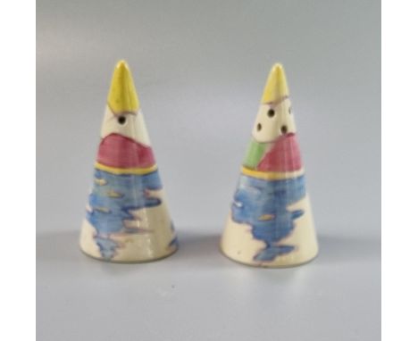 Pair of Clarice Cliff 'Gibraltar'conical salt and pepper, decorated with sailing boats, printed marks to the base 'Bizarre' .