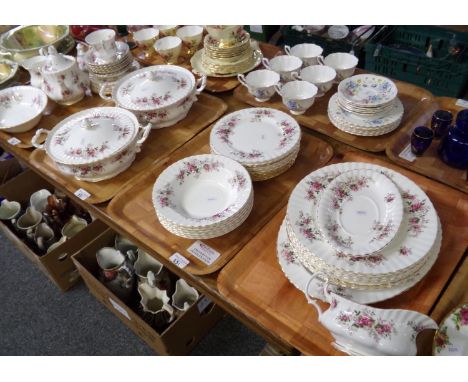 Four trays of Royal Albert 'Lavender Rose' part dinnerware: dinner plates, side plates, tea plates pudding bowls, two lidded 