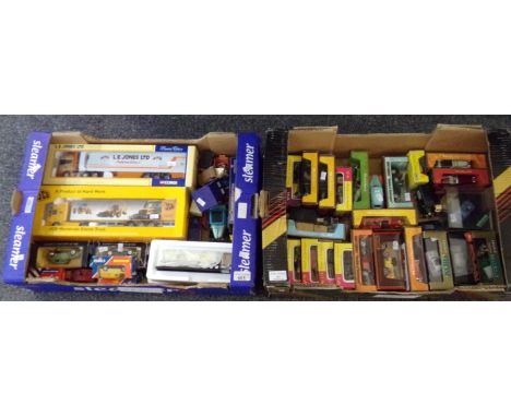 Two boxes of assorted diecast model vehicles in original boxes and playworn, to include: Corgi JCB, 1:50 scale World Wide Eve