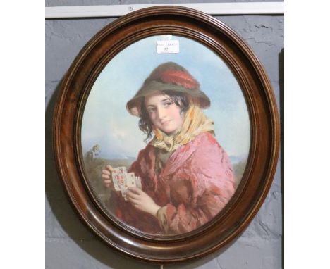 Portrait of a country girl with playing cards, coloured print.  35x28.5cm approx in oval swept frame.  (B.P. 21% + VAT) 