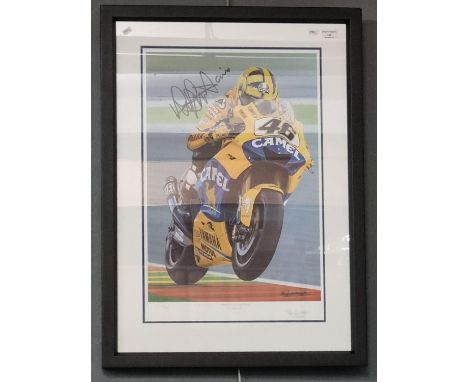 After Ray Goldsbrough, 'Tribute to Valentino Rossi', Ltd. edition coloured print No. 105/195, signed in pencil by the artist 