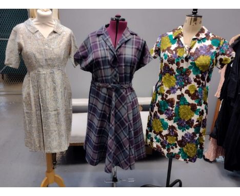 Three vintage (20's-50's) patterned dresses; one a floral patterned crepe with sailor neckline and bow, one woollen plaid wit