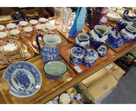 Three trays of blue and white 'Victoria' Ironstone: jugs, large cheese dish and cover, jelly mould, shaving basin etc. (3) (B