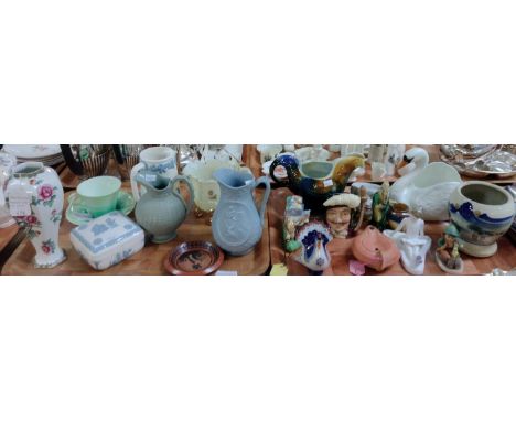 Two trays of assorted items, mostly china to include: a swan shape planter, an oriental planter, various figures; Russian pea