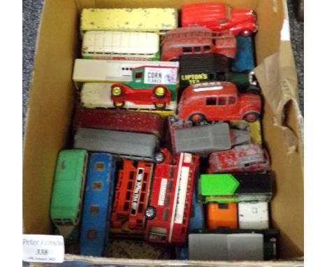 Box of playworn vintage diecast and other vehicles to include: Dinky Toys 250 fire engine, Dinky Toys Atlantiean bus, Dinky l