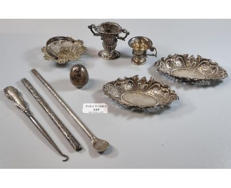 Small box of oddments of scrap silver and plate, to include: dishes, small two handled repousse cup, filigree basket, button 