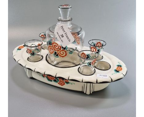 French ceramic and glass decanter and liqueur set (missing two liqueur glasses) by Marcel Goupy.   (B.P. 21% + VAT) 