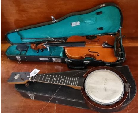 Modern student violin in fitted case with bow together with a vintage 'Keech' banjo in fitted case.  (2)  (B.P. 21% + VAT) 