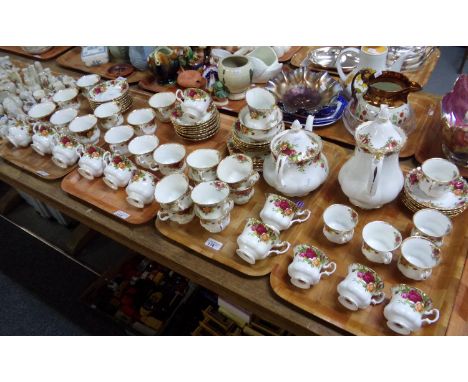 Four trays of Royal Albert English fine bone china 'Old Country Roses' design items to include: 15 piece coffee set including