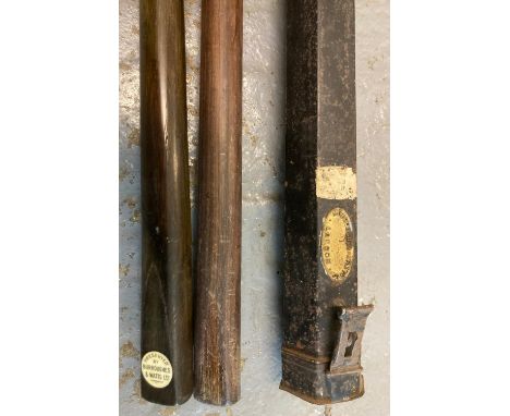 Vintage Burroughes & Watts Ltd snooker cue in vintage tin carrying case, together with another unmarked snooker cue. (B.P. 21