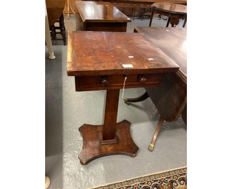 19th century single drawer work/lamp table on tapering pedestal and shaped base.