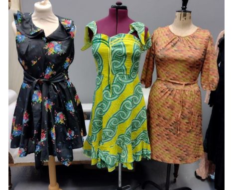 Ten vintage dresses (70's and later) to include: various floral pattern, African print, 80's floral print bubble skirt dress,