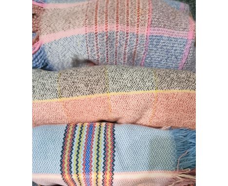 Box containing three vintage multi-coloured fringed edge woollen blankets or carthen. (3) (B.P. 21% + VAT)pink/blue/brown - m