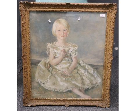 Murray Urquhart (British 1880-1972), portrait of a little blue eyed blonde haired girl in a cream party dress.  Signed, oils 