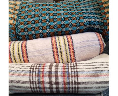 Box containing three vintage woollen blankets or carthen; one is a Welsh tapestry orange and teal traditional design and two 
