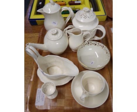Tray of Leedsware 'Classical Creamware' items, to include: coffee pot, teapot with twisted handles and flower finials, teapot