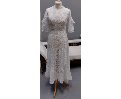 Early 20th Century (probably Edwardian) vintage lady's dress or under dress in cotton with broderie anglais embroidery. (B.P.