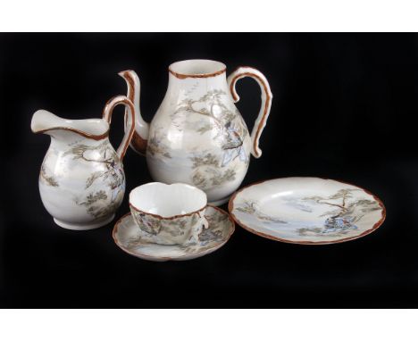 Japanese Eggshell porcelain, comprising, plates, cups and saucers, Tea pot, milk jug, bowl and more, with blue samuria patter