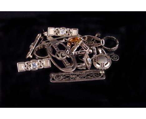 A group of Celtic design silver jewellery,  to include paste set bar brooches, pendants, and rings, 2.5ozt gross