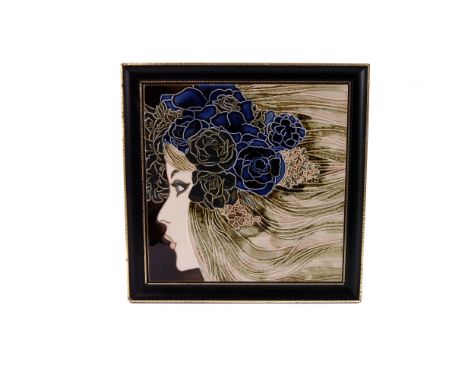 A tube lined decorative tile in the Glasgow style,  of a woman in profile, 20 x 20cm, framed