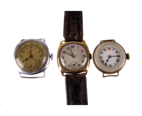A 1930s gentleman's 9ct gold wristwatch, the cushion shaped case with silvered dial, Arabic numerals and Cathedral hands, 15 