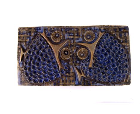 A mid 20th century bas-relief wall tile by Ulla Winblad for Alingsas Keramik of Sweden, depicting two stylised drunken owls, 