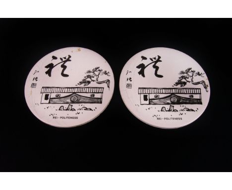 Decorative Tiles, 15, painted in a Japanese style , black on a white ground, 10 having the symbol Kei-Respect, illustrated, 5