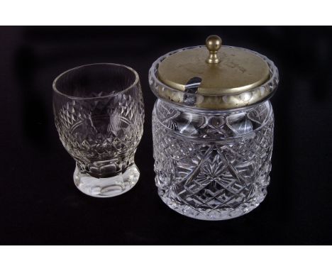 A collection of cut glass,  including a set of four egg cups, six whisky glasses + liqueur glasses, lidded preserve jar and c