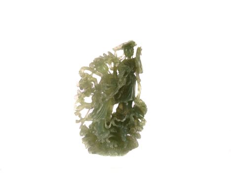 A Japanese jade figural group,  finely carved as two onna-bugiesha, 20cm high