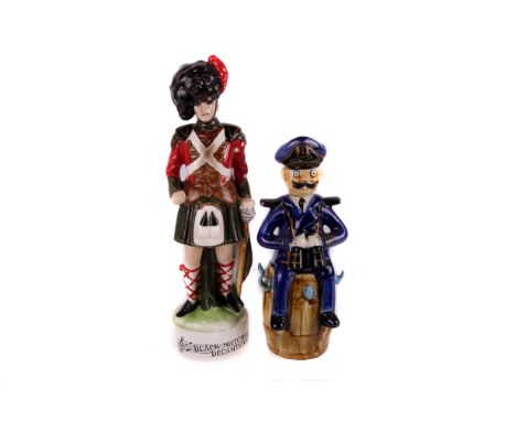 A novelty  Decanter of a Naval officer,  seated on a barrel with six matching faux wooden mini tankards together with a Black