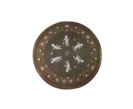 A group of copper and brass items,  including a brass tray, a mother of pearl inlaid table top, a circular box, and another i
